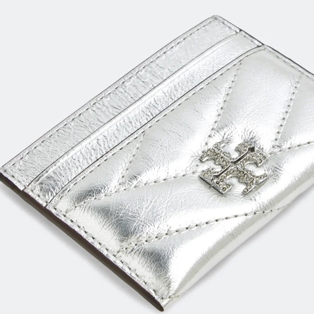 Tory Burch Kira Chevron Quilted Metallic Pave Logo Card Case NWT